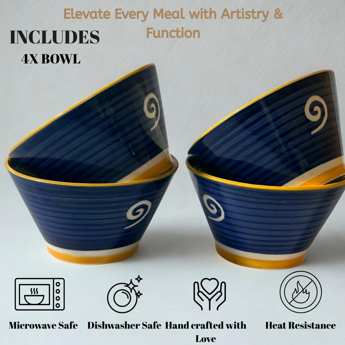 Freakway Handcrafted Ceramic Bowls Set of 4 – Spiral Design, Deep Blue with Yellow Rim – Microwave & Dishwasher Safe-200 ML