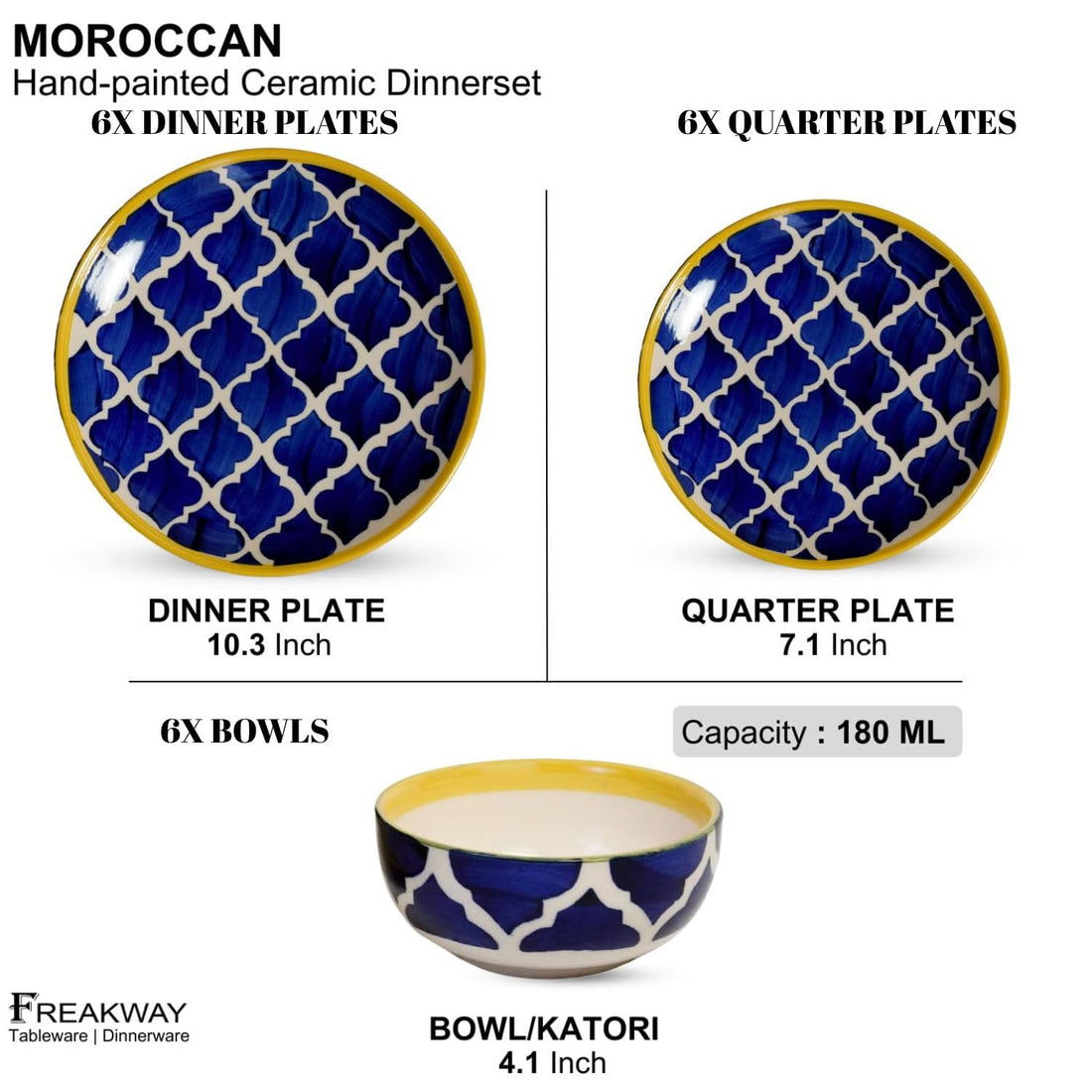 Freakway Luxury Ceramic Dinner Set – 18 Pieces with Dinner Plates, Quarter Plates & Serving Bowls