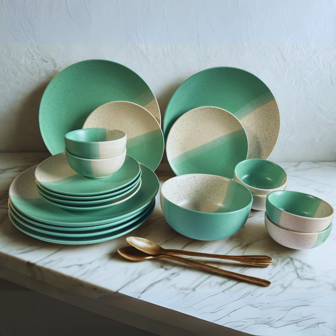 Freakway 19-Piece Ceramic Dinnerware Set | 6 Dinner Plates, 6 Quarter Plates, 6 Bowls & 1 Large Serving Bowl | Dual Minth Green and Beige Color Speckled Design