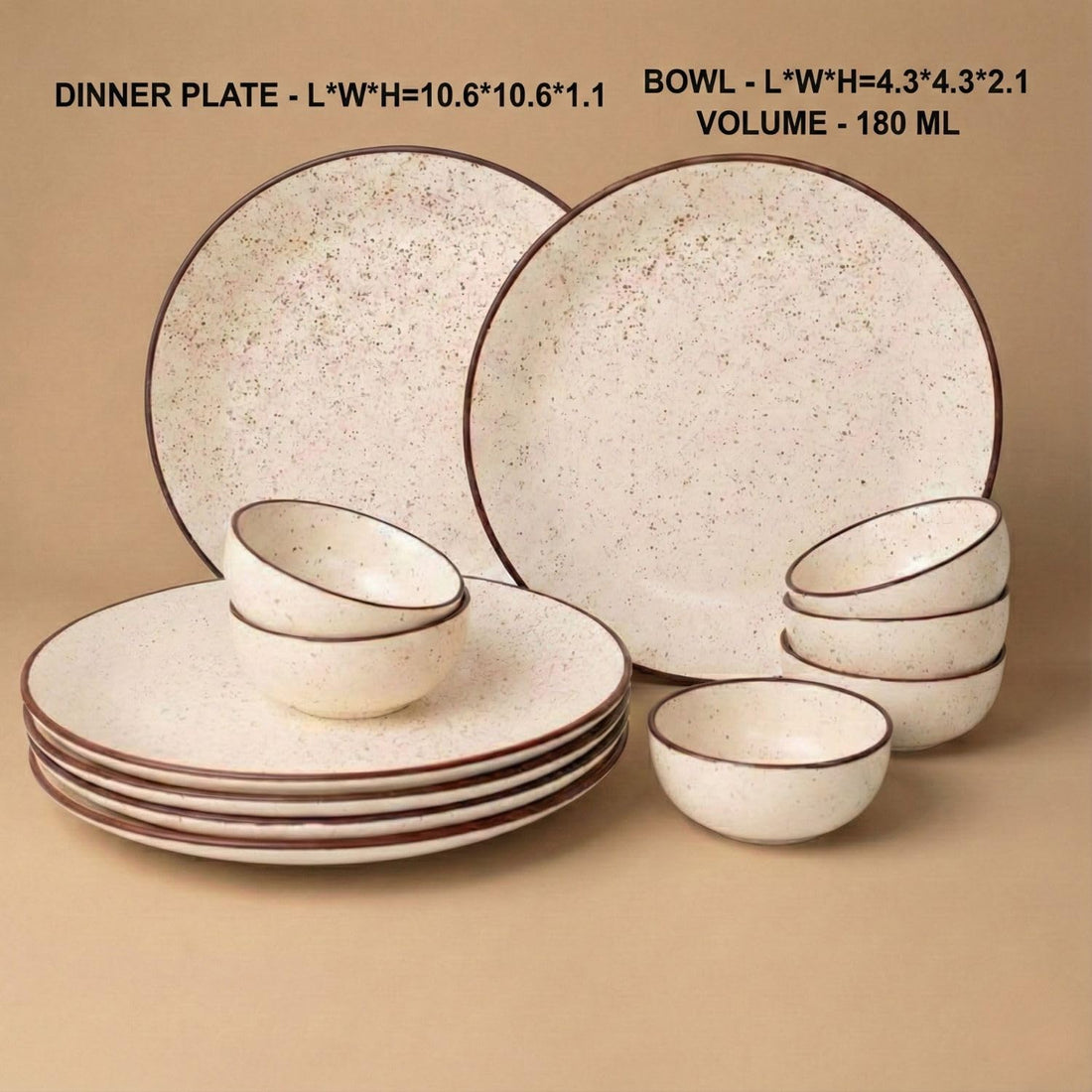 Freakway Rustic Speckled Ceramic Dinner Set – 12 Pc (6 Plates, 6 Bowls) – Beige with Brown Rim