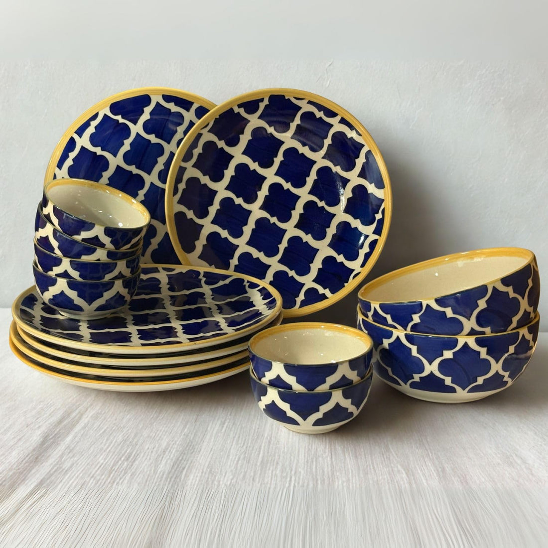 Freakway 14 Piece Ceramic Dinner Set – 6 Dinner Plates, 6 Bowls & 2 Large Serving Bowls | Handcrafted Blue & White Moroccan Pattern Dinnerware Set for Dining & Serving