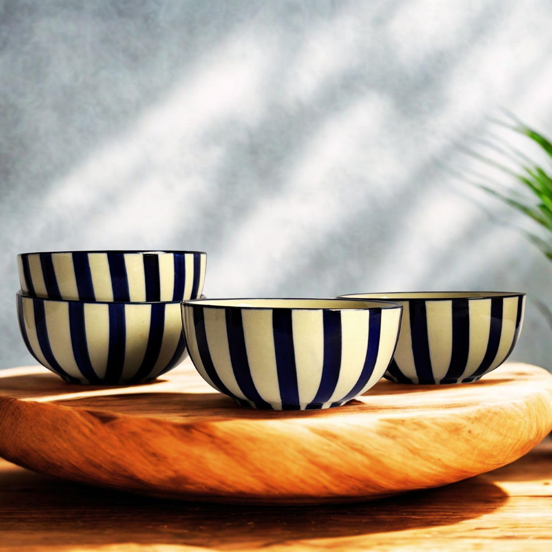 Freakway Blue Striped Ceramic Bowls Set | Handcrafted Stoneware for Snacks, Soup, Dessert & Serving | Premium Tableware | Set of 4