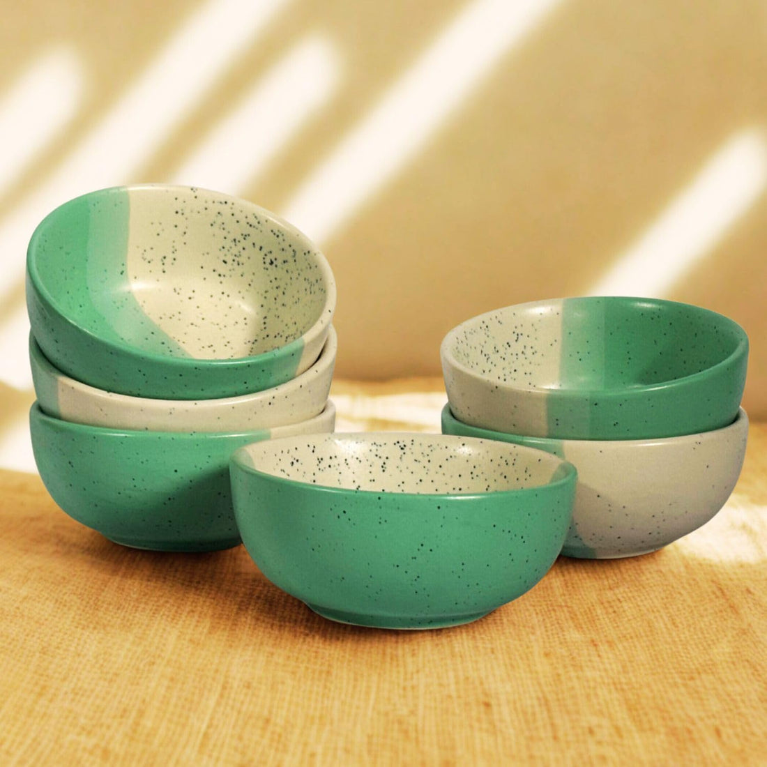 Freakway Handmade Dual-Tone Ceramic Bowls Set of 6 – Speckled Green & White Serving Bowls