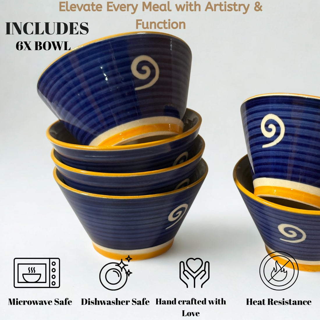 Freakway Handcrafted Ceramic Bowls Set of 6 – Spiral Design, Deep Blue with Yellow Rim – Microwave & Dishwasher Safe-200 ML