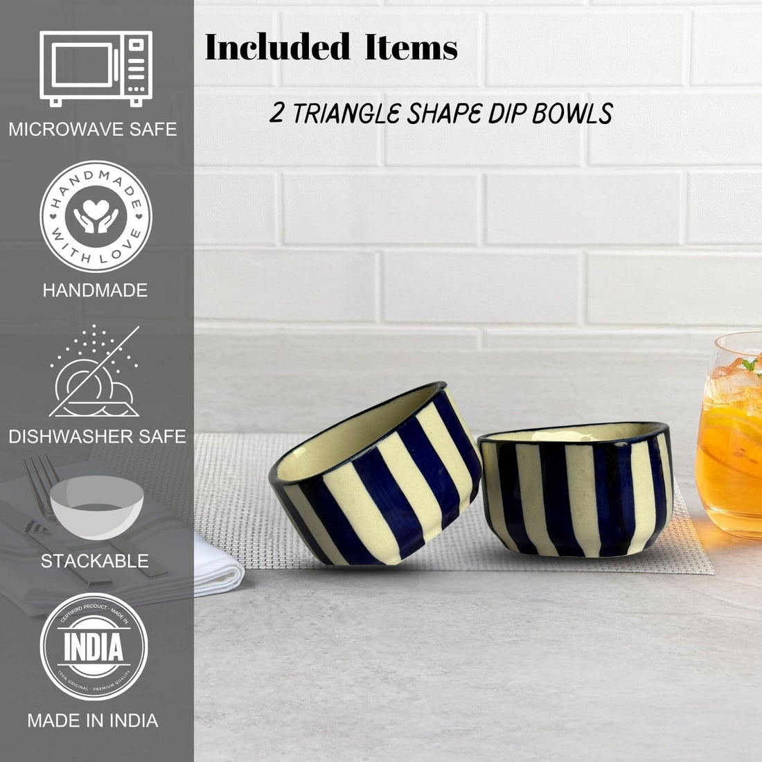 Freakway Handcrafted Blue Striped Ceramic Dip Bowls Set of 2 | Elegant Snack & Sauce Bowls | Microwave Safe, 50 ml Each
