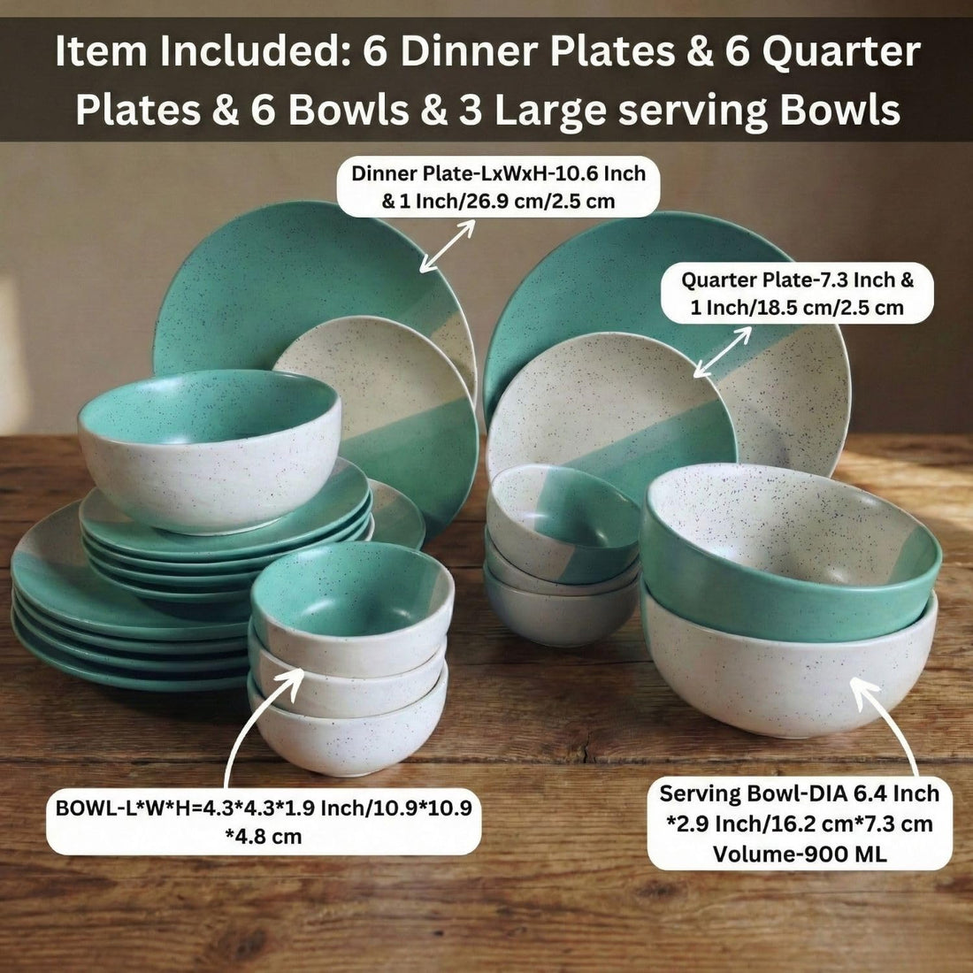Freakway 21-Piece Ceramic Dinnerware Set | 6 Dinner Plates, 6 Quarter Plates, 6 Bowls & 3 Large Serving Bowl | Dual Minth Green and Beige Color Speckled Design