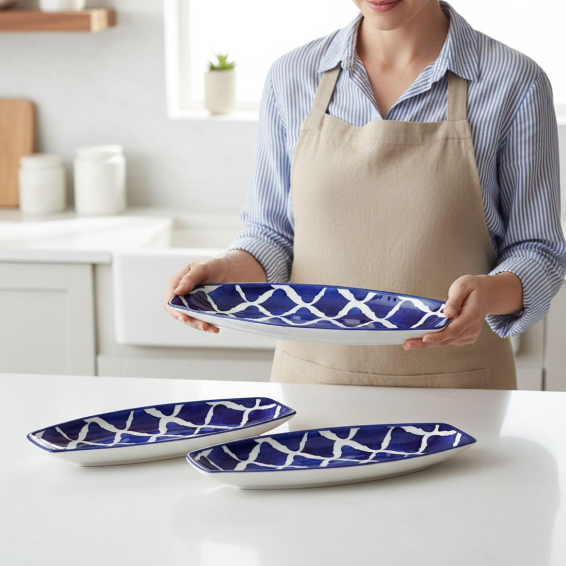 Freakway Hand Painted Blue Umrao/Morrocan Ceramic Starter Plate | Kebab Platter | Serving Tray | Snack Plate (Blue,14 Inch) (1 Platter)