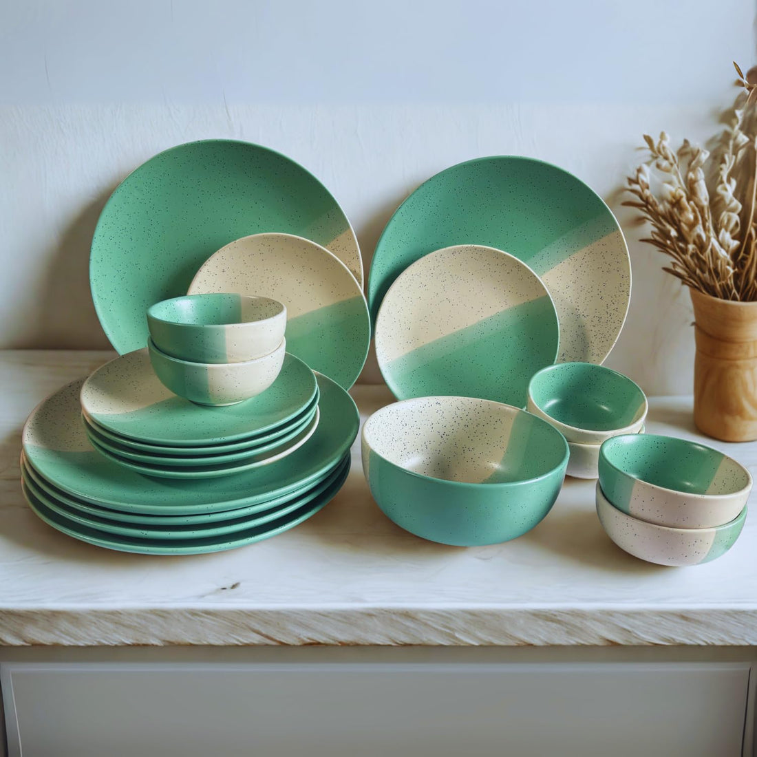 Freakway Premium Moroccan Hand Glazed Ceramic Dinner Set of 19 Pieces for Dinner with Bowls | 6 Dinner Plates and 12 Serving Bowl/katori & 1 Large Bowl| Microwave & Dishwasher Safe - Blue