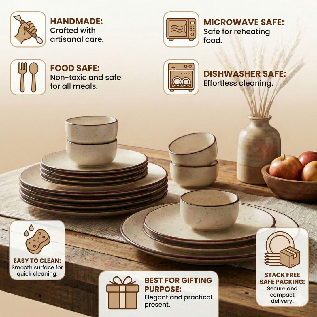 Ceramic Dinner Set, Beige with Brown Rim, Speckled Finish, 18 Pieces