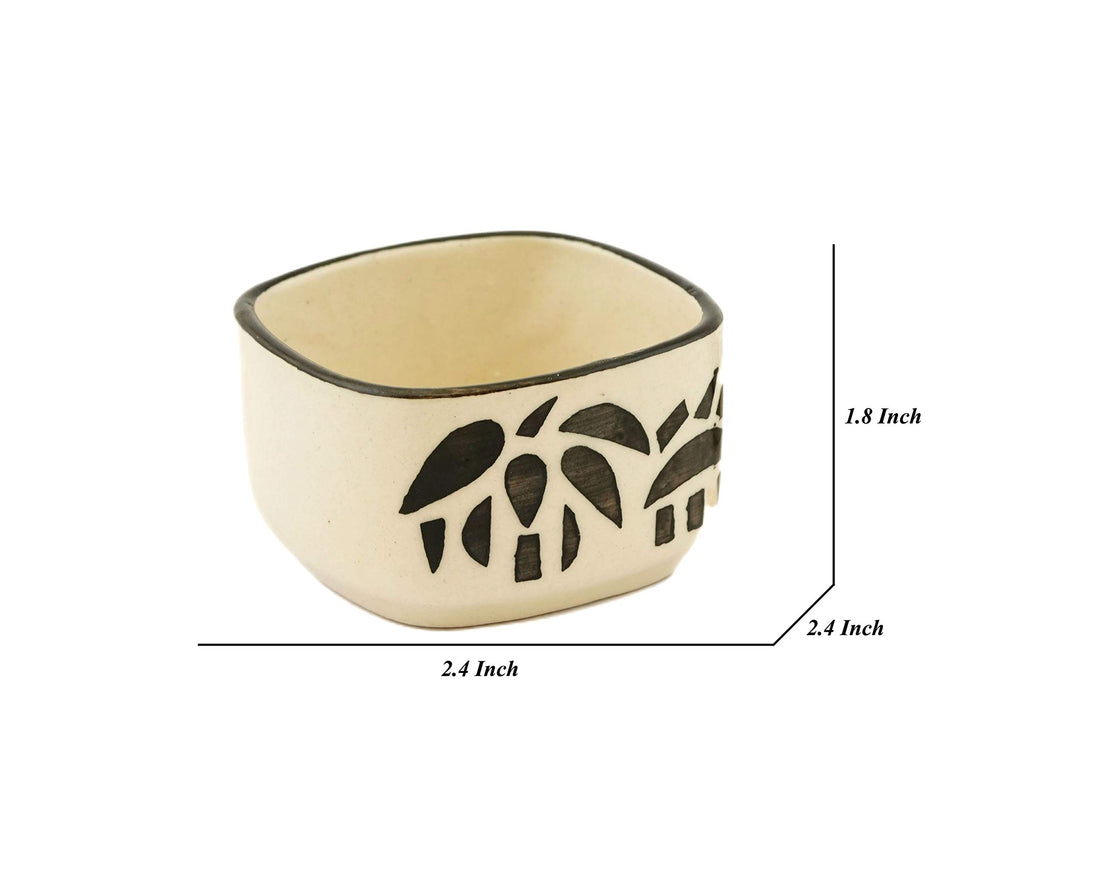 Freakway Handpainted Floral Studio Pottery Ceramic Chutney Bowl Set (40 ML, Small, Set of 6, Black and Off White)