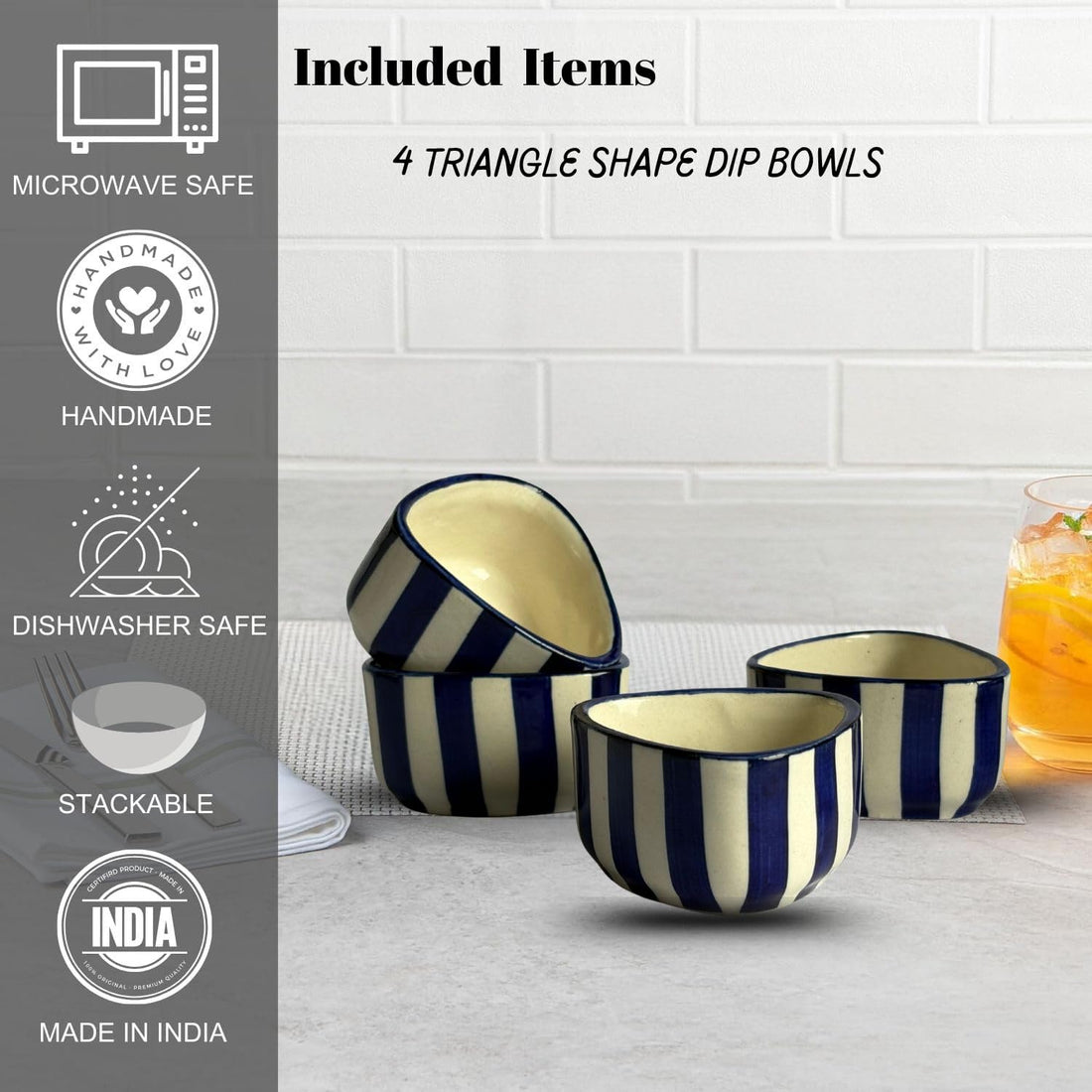 Freakway Handcrafted Blue Striped Ceramic Dip Bowls Set of 4 | Elegant Snack & Sauce Bowls | Microwave Safe, 50 ml Each