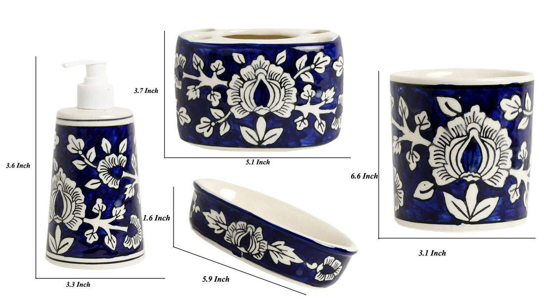 Freakway Mughal Art Handpainted Ceramic Bathroom Accessories Set of 4 (Liquid Soap Dispenser, Soap Tray, Toothbrush Holder, Tumbler)-Blue and White