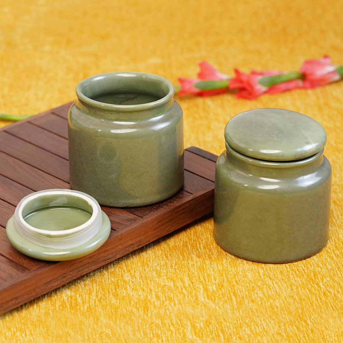 Freakway Ceramic Handcrafted Multi Utility Storage Jar with Lid 1000 ml | Ceramic Kitchen Container| Cookie Jar | Pickle Storage Jar | Burni (Pack of 2) (Light- Green)