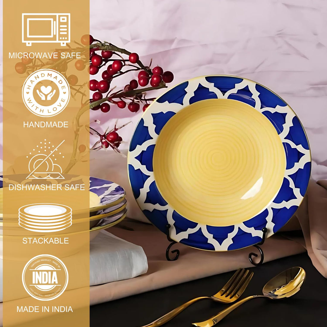 Freakway Ceramic Soup/Maggi/Pasta & Macaroni Plate 7 Inches in Blue & White Color Umrao Pattern (Set of 4) Deep Pasta Plate|Nodules Plate Size 7 inch