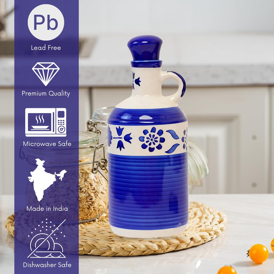 Freakway Handprinted Ceramic Oil Dispenser With Lid Bottle for Kitchen | 1000Ml Capacity | Perfect for Kitchen Use | Ideal for Storing Cooking Oil 100% Food & Microwave Safe - Blue, 1 Litres