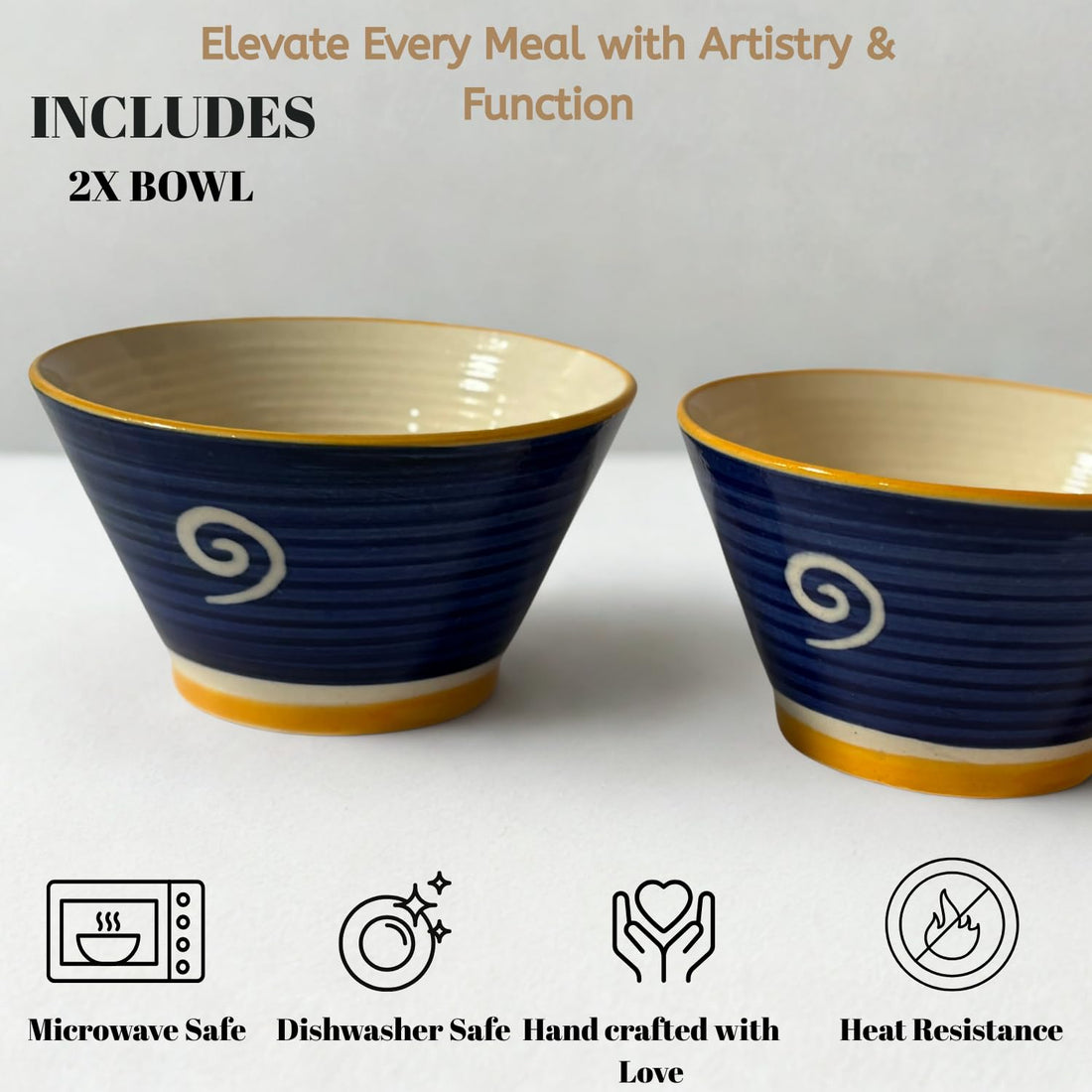 Freakway Handcrafted Ceramic Bowls Set of 2 – Spiral Design, Deep Blue with Yellow Rim – Microwave & Dishwasher Safe-200 ML