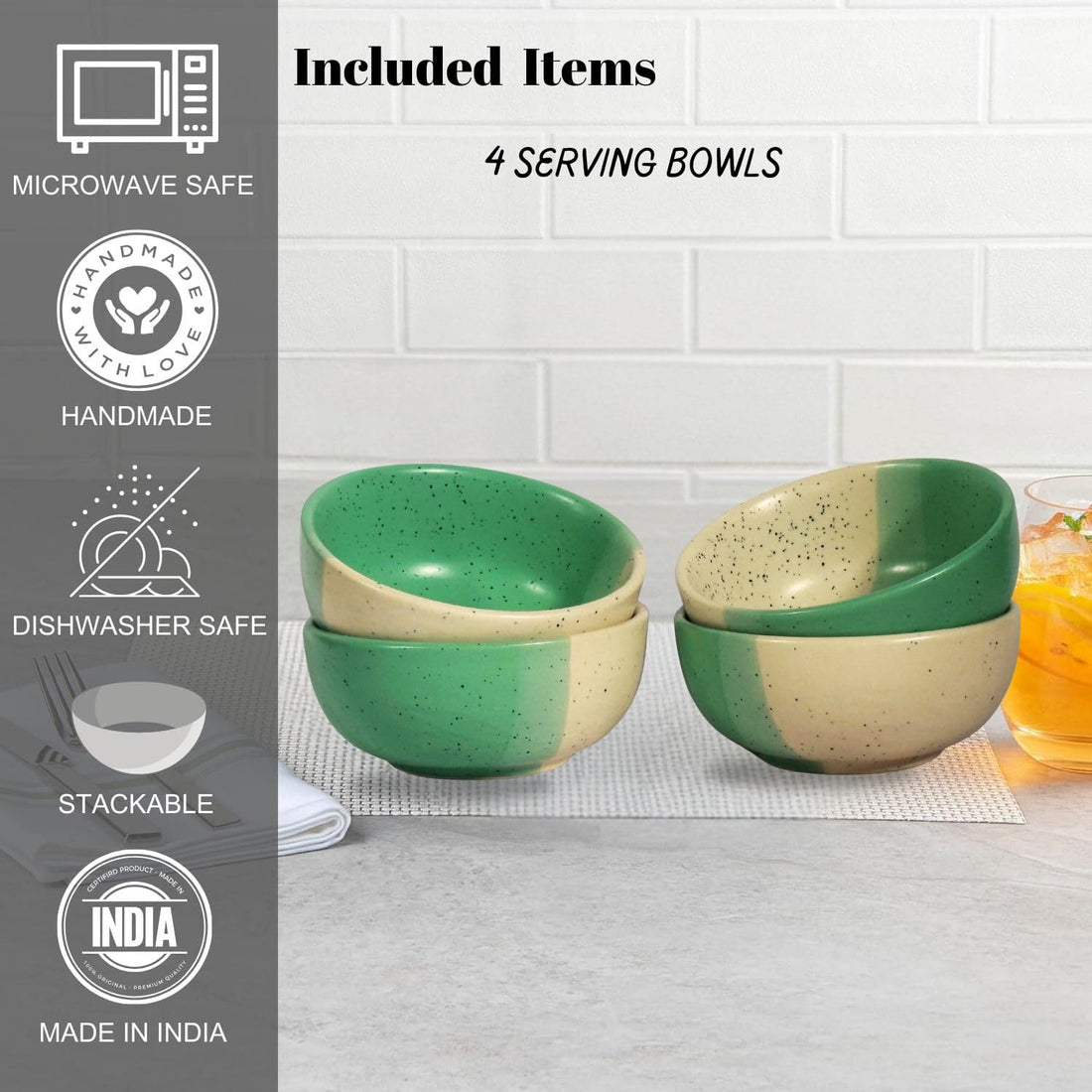 Freakway Handmade Dual-Tone Ceramic Bowls Set of 4 – Speckled Green & White Serving Bowls