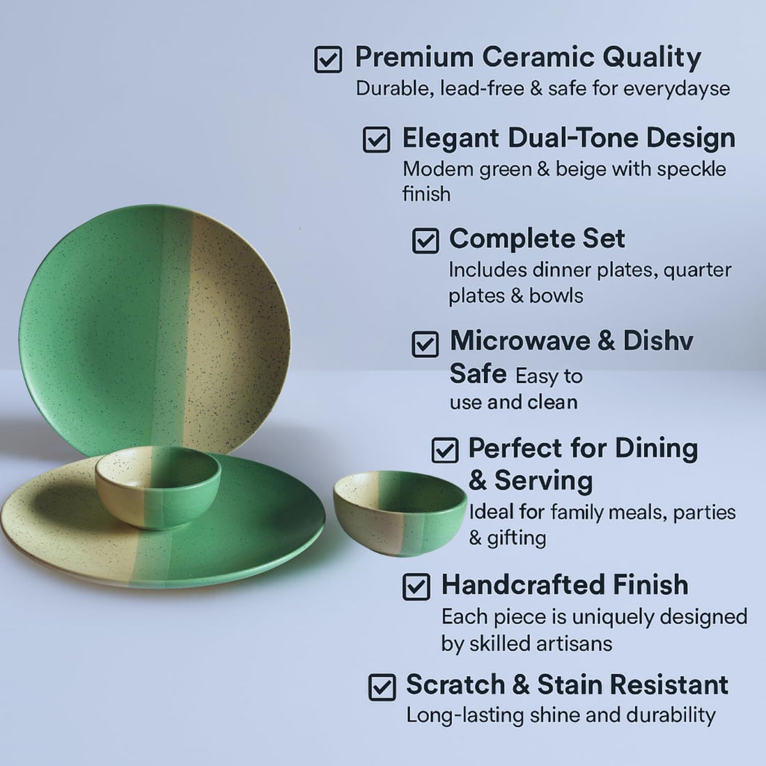 Freakway Ceramic Dinner Set – 1 Plate & 2 Bowls (Dual Tone,Mint Green Speckled Design)