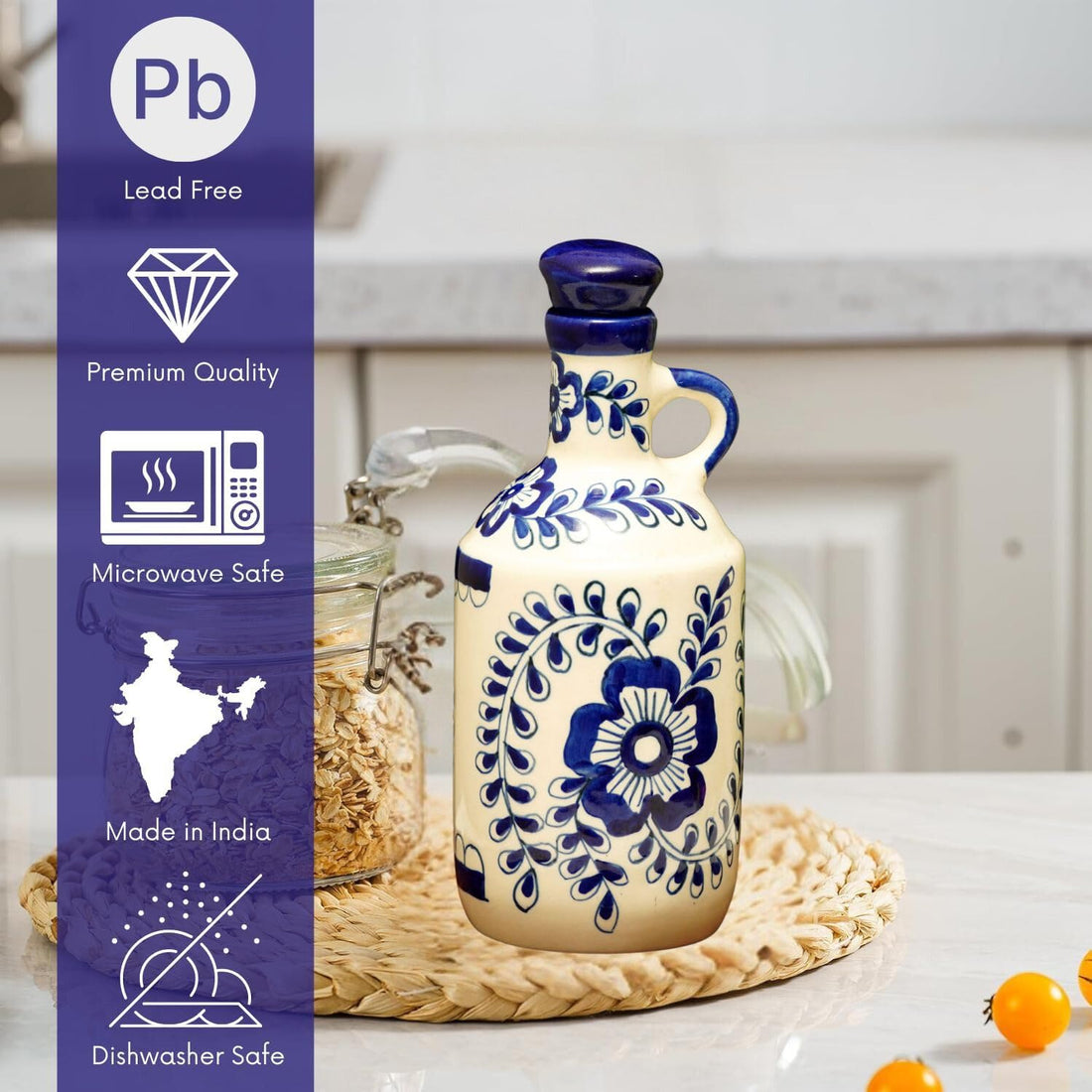 Freakway Ceramic Blue Floral Art 1000 ml Oil Dispenser for Kitchen, Oil Bottle, Oil Sprayer, Vinegar Bottle,/100% Food & Microwave Safe| Ideal Gifting and for kitchen