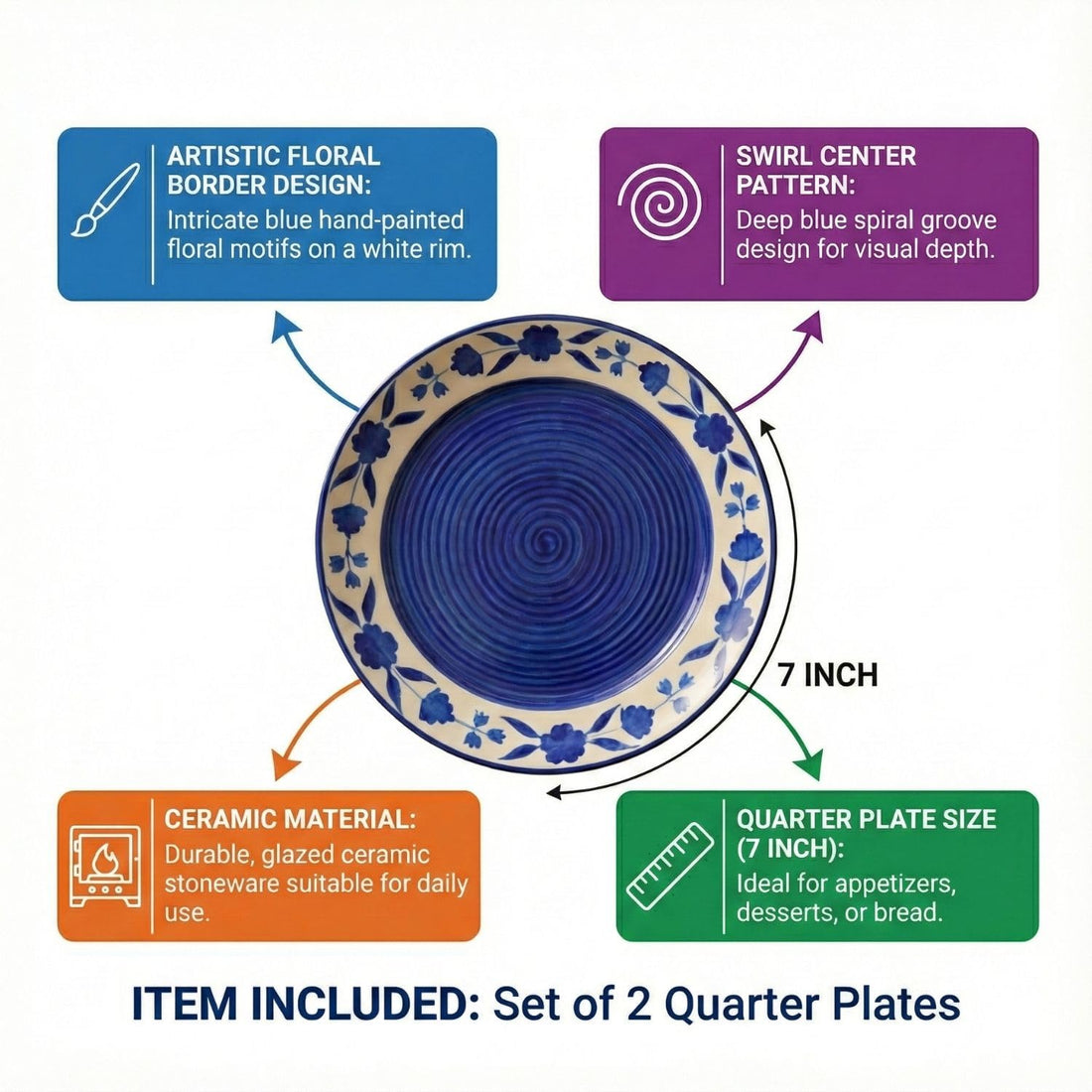 Freakway Floral 'Blue and White Plate Pair' Floral Handpainted Quarter Plates in Ceramic 7 Inches, Set of 2, Dishwasher & Microwave Safe