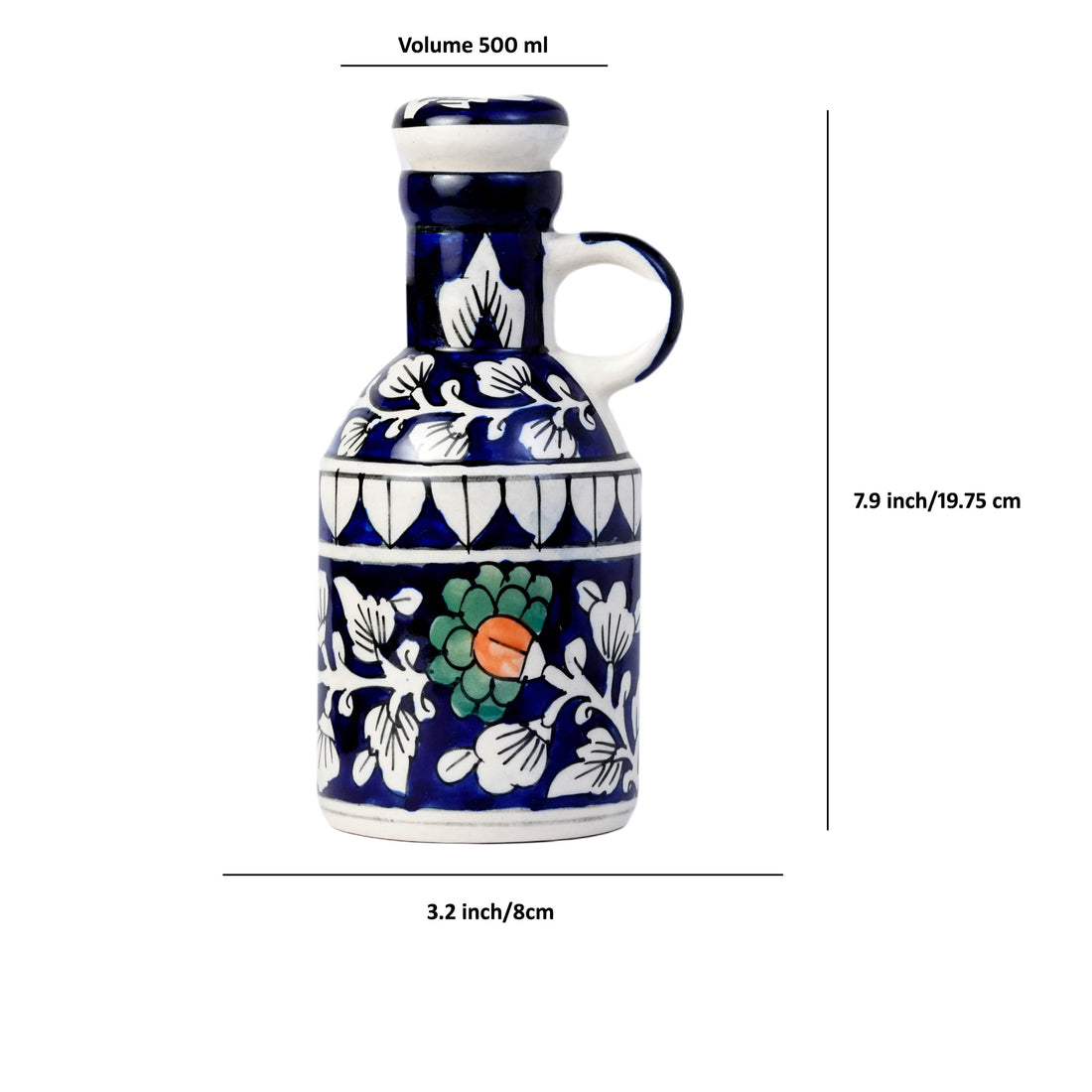 Ceramic Blue Floral Art 500 ML Oil Dispenser for Kitchen, Oil Bottle, Oil Sprayer, Vinegar Bottle for Kitchen Storage/ 100% Food & Microwave Safe| 1 Piece-Blue & White