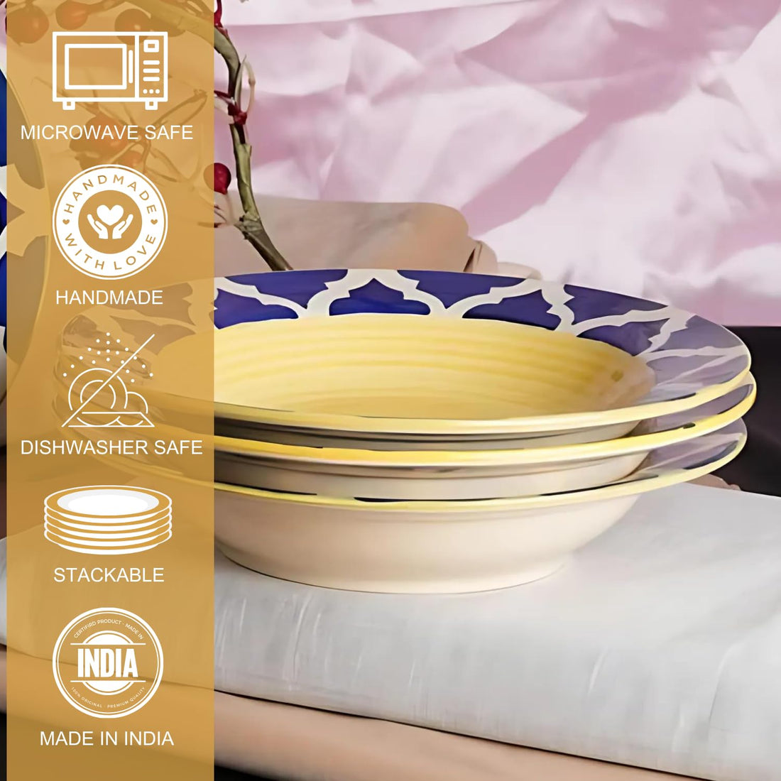 Freakway Hand Glazed Umrao Pattern Ceramic Deep Pasta Soup Snacks Maggi Breakfast Serving Plate 7 Inch | Set of 6 | Microwave & Dishwasher Safe - Yellow