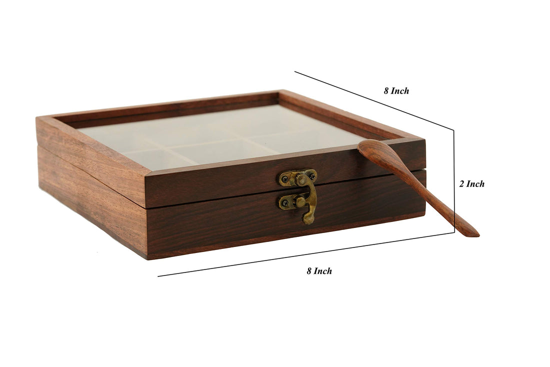 Freakway Spice Box Masala Box/Dabba/Hand Crafted With spoon In Sheesham Wood for Kitchen with 9 cotainer