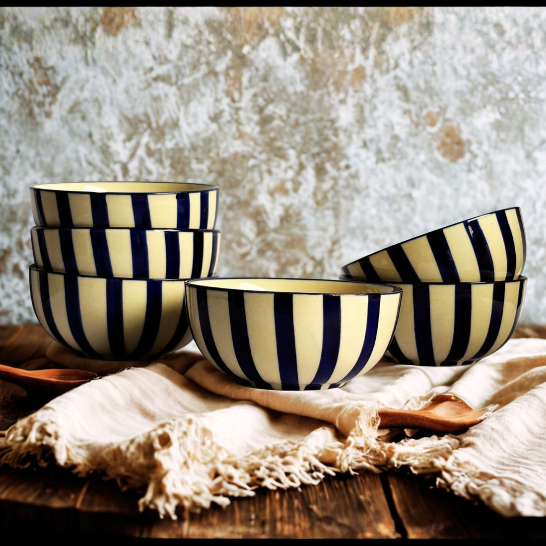 Freakway Blue Striped Ceramic Bowls Set | Handcrafted Stoneware for Snacks, Soup, Dessert & Serving | Premium Tableware | Set of 6