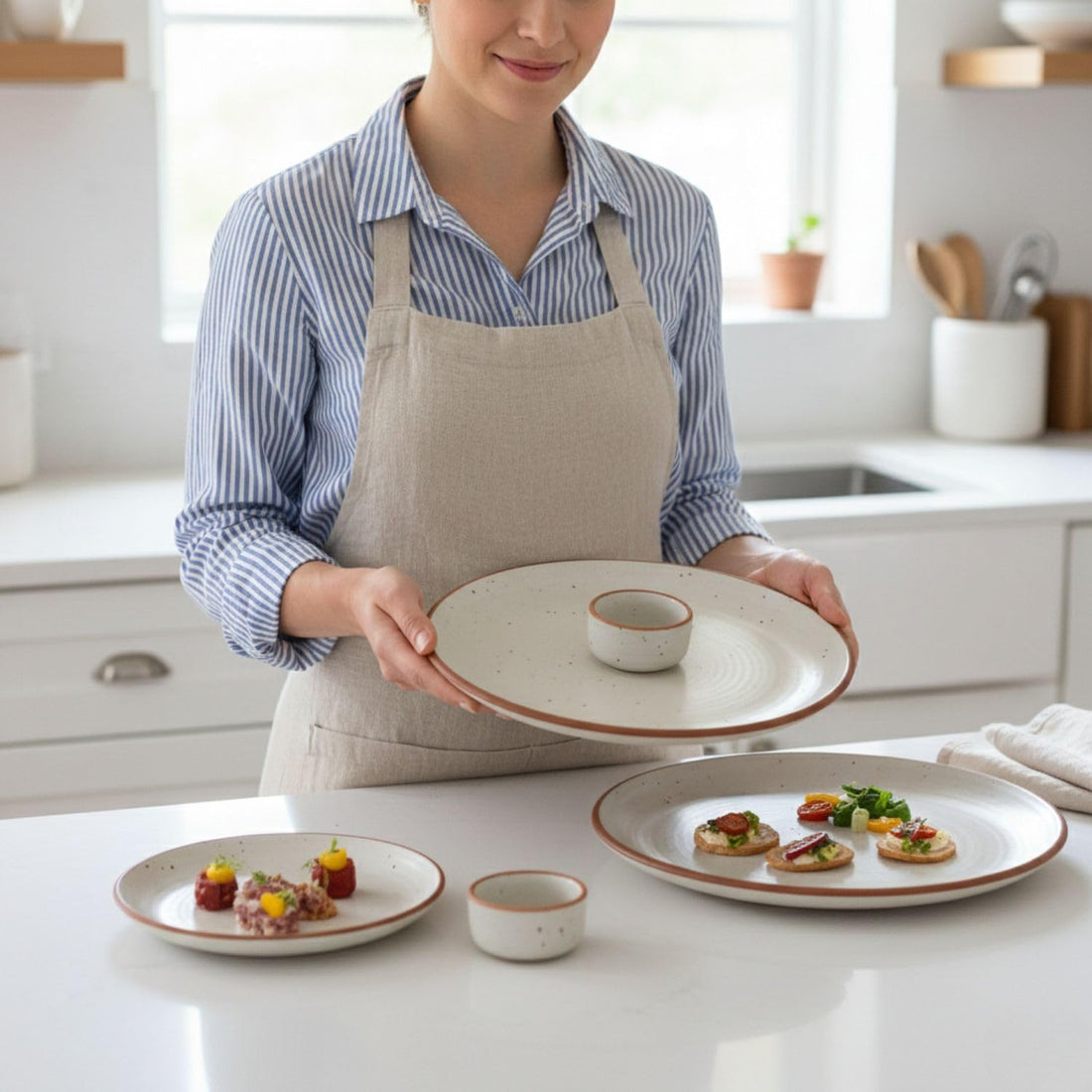 Freakway 3-Piece Ceramic Dinner Set, Speckled White Stoneware with 1 Dinner Plate and 2 Dipping Bowls