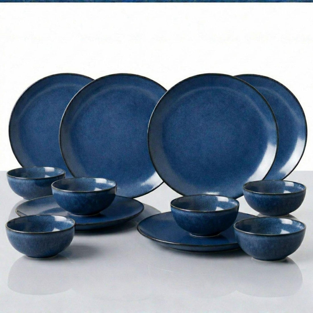 Freakway Premium Reactive Glaze Dinner Set, Midnight Blue, Stoneware, 12 Piece, 6 Dinner Plates and 6 Serving Bowls, Round, Speckled Finish