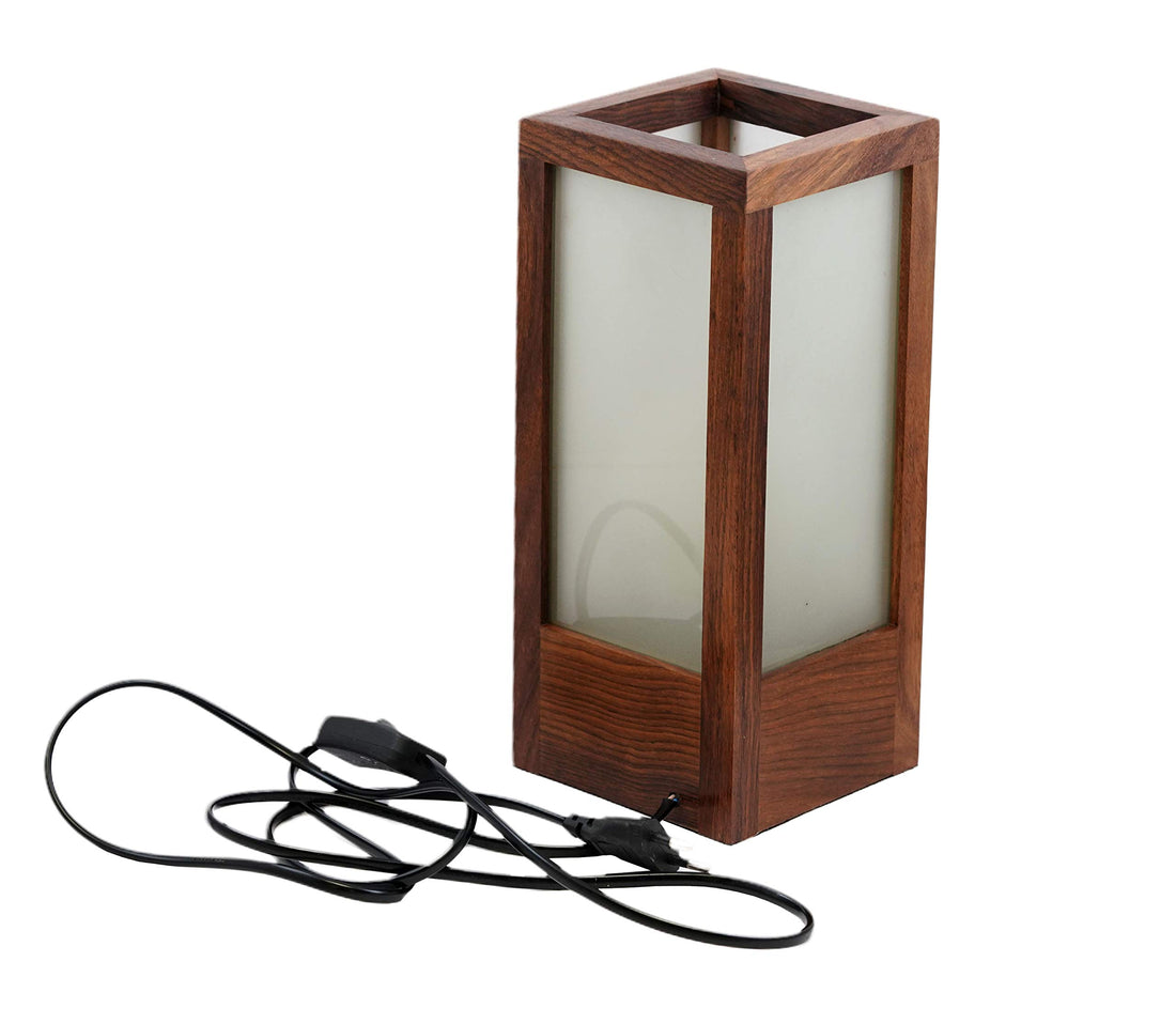 Freakway Table Frosted Glass Sheesham Wooden Lamp Lam in Brown Color for Home Decorative Bedroom/Living Room/Office-(10 Inch)