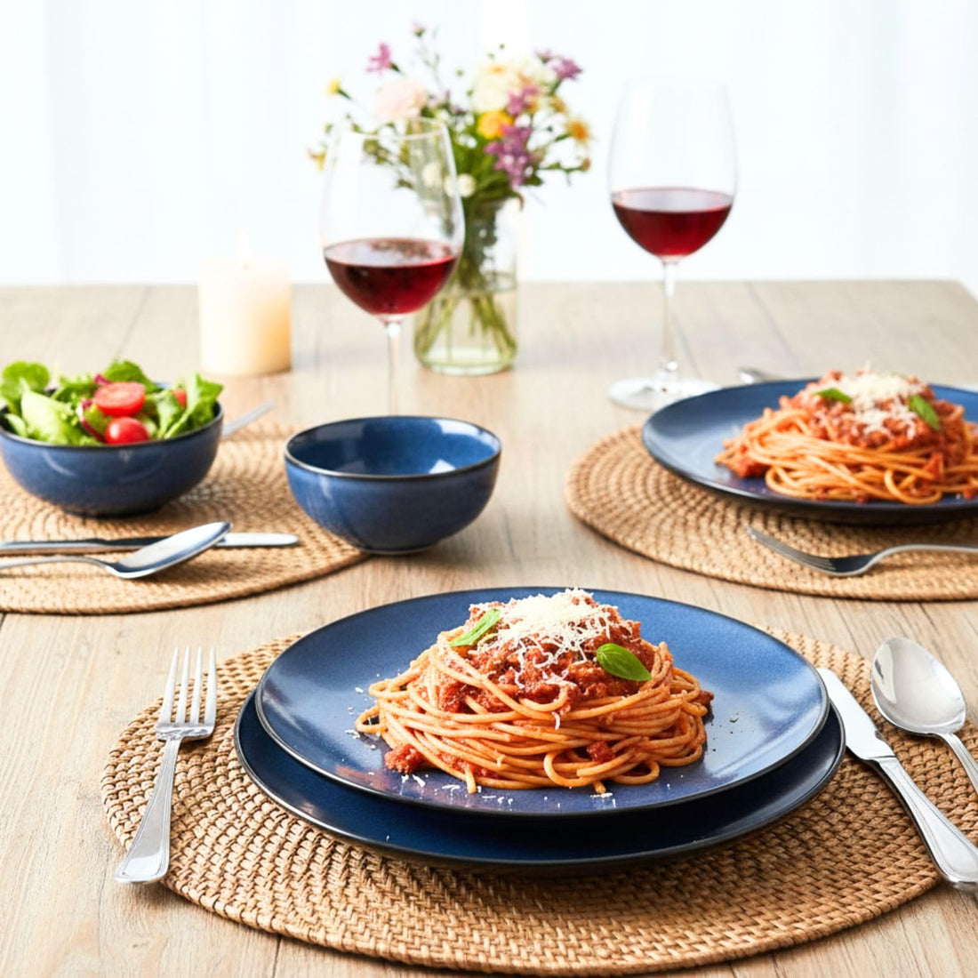 Freakway Reactive Glaze Dinner Set, 4 Piece Stoneware Set, Midnight Blue, 2 Dinner Plates and 2 Serving Bowls