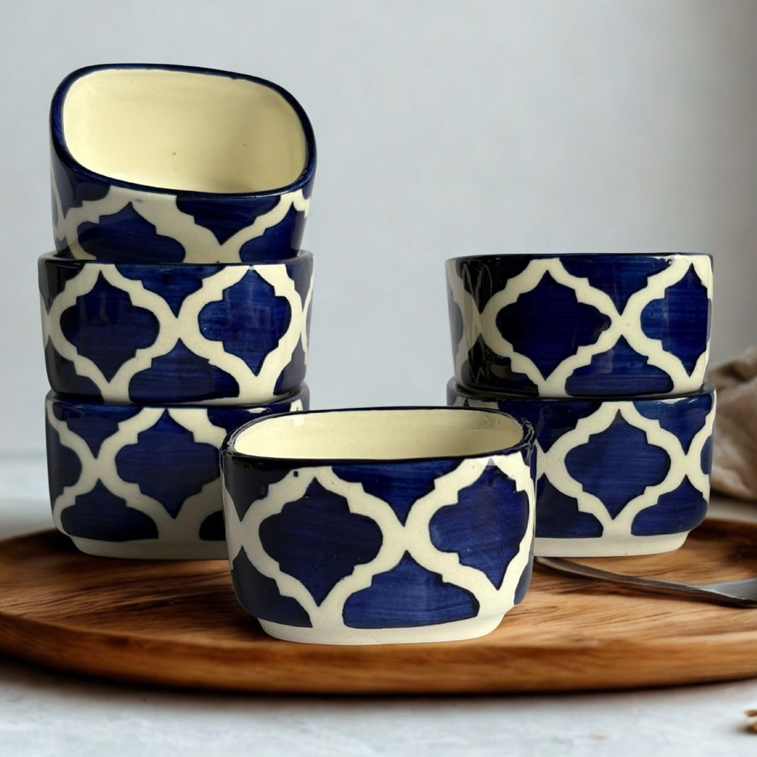Freakway Designer Ceramic Dip Bowls Set | Navy Blue Moroccan Pattern Serving Bowls for Condiments, Snacks & Dips | 6 Pieces, 40 ml