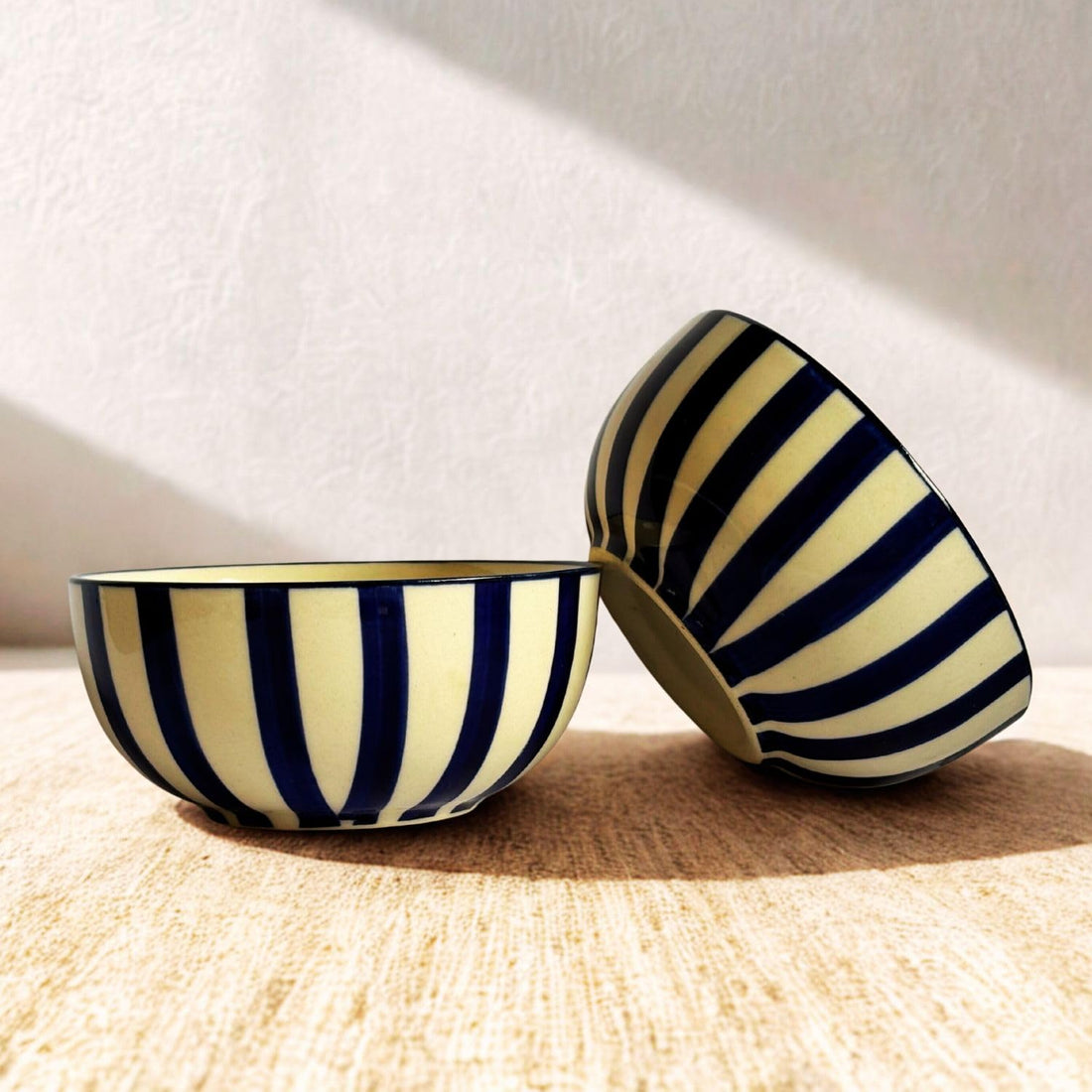 Freakway Blue Striped Ceramic Bowls Set | Handcrafted Stoneware for Snacks, Soup, Dessert & Serving | Premium Tableware | Set of 2