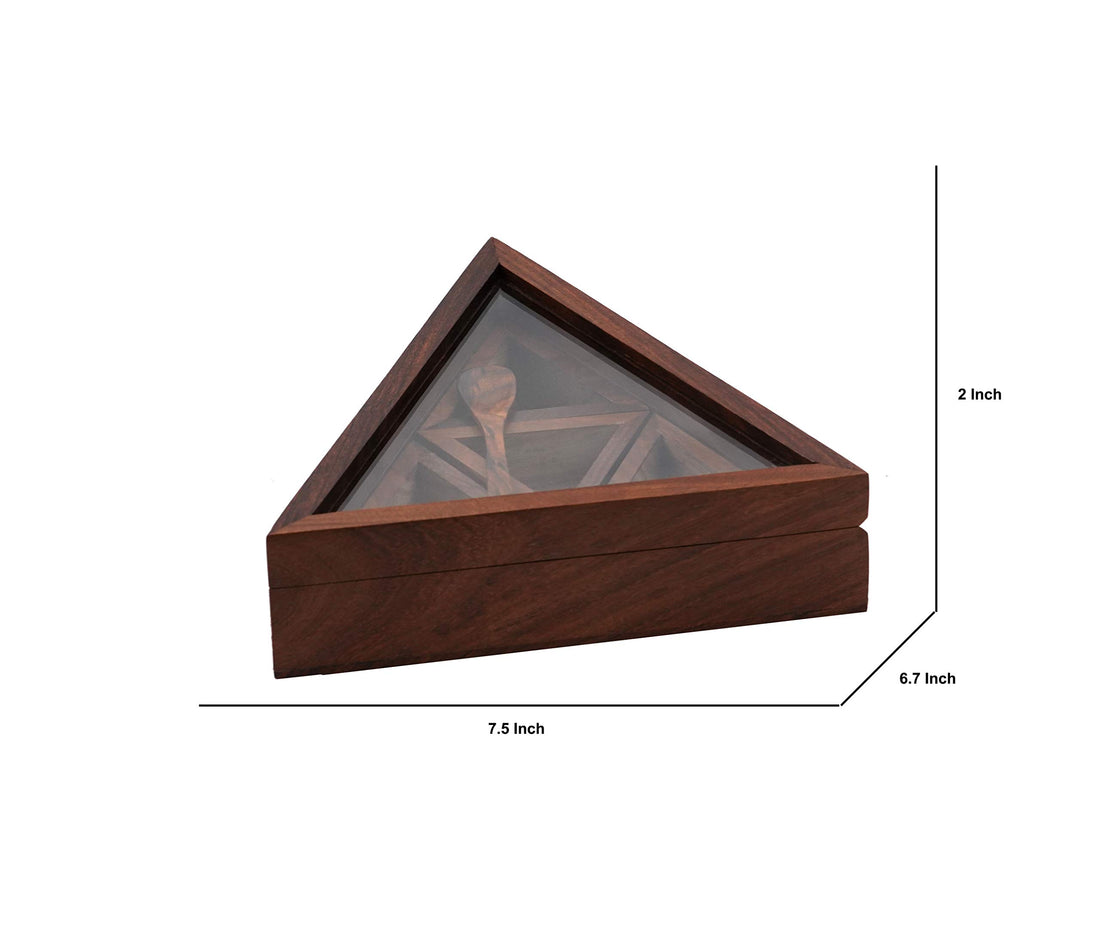 Freakway Sheesham Wood Spice Box Container - Spice Masala Box Holder In Triangle Shape With Spoon (4 Containers) 40 ml