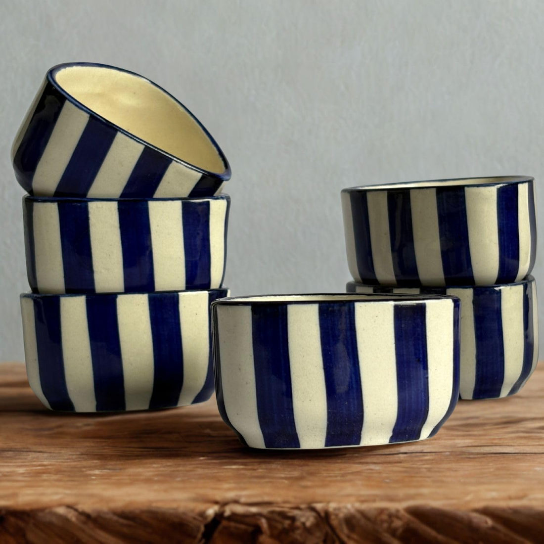 Freakway Handcrafted Blue Striped Ceramic Dip Bowls Set of 6 | Elegant Snack & Sauce Bowls | Microwave Safe, 50 ml Each