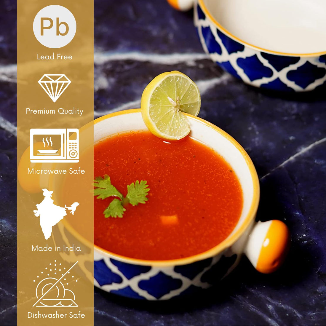 Freakway Hand-Painted Two Ceramic Yellow and Blue Floral/Moroccan Soup/Dinning/Serving/Multipurpose Bowl with Handle Capacity - 300 ml (New)