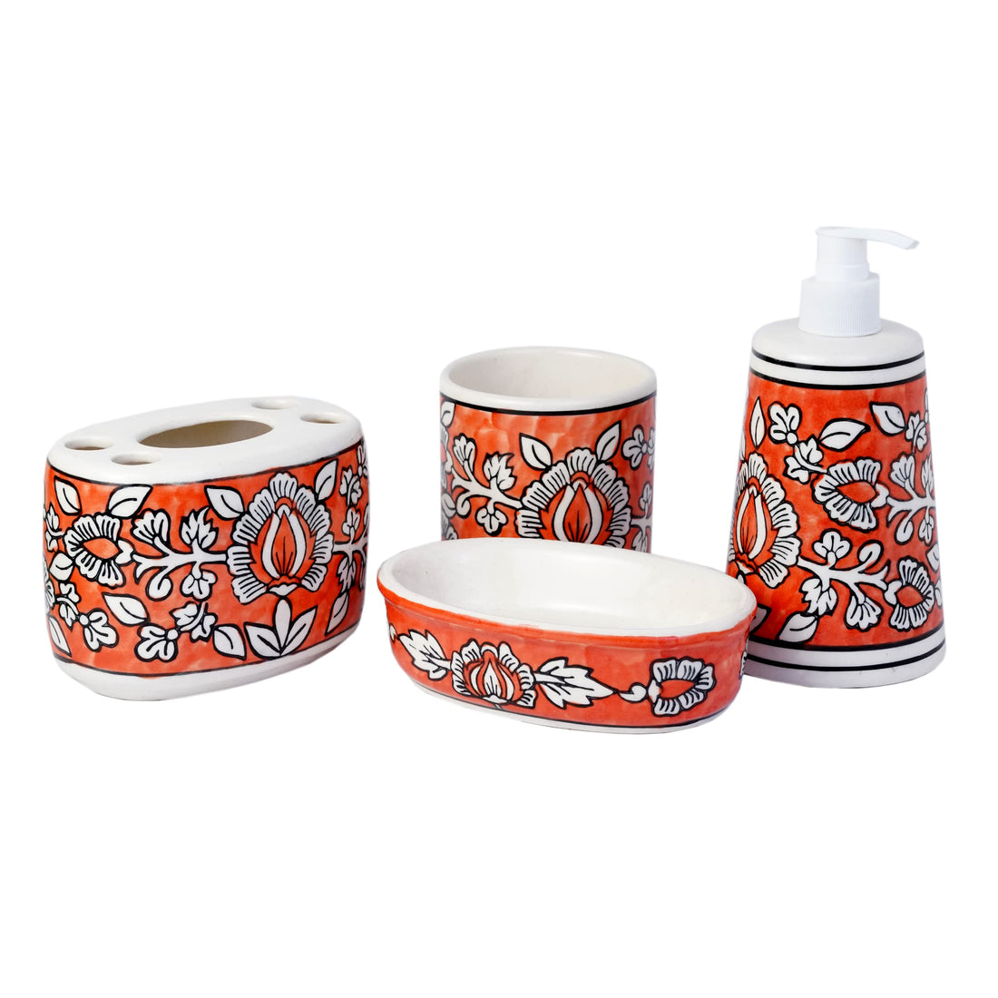 Freakway Mughal Essentials Ceramic/Stoneware Combo of Soap Dispenser, Tooth Brush Holder, Tumbler and Dish (Orange and White)-Masterpiece