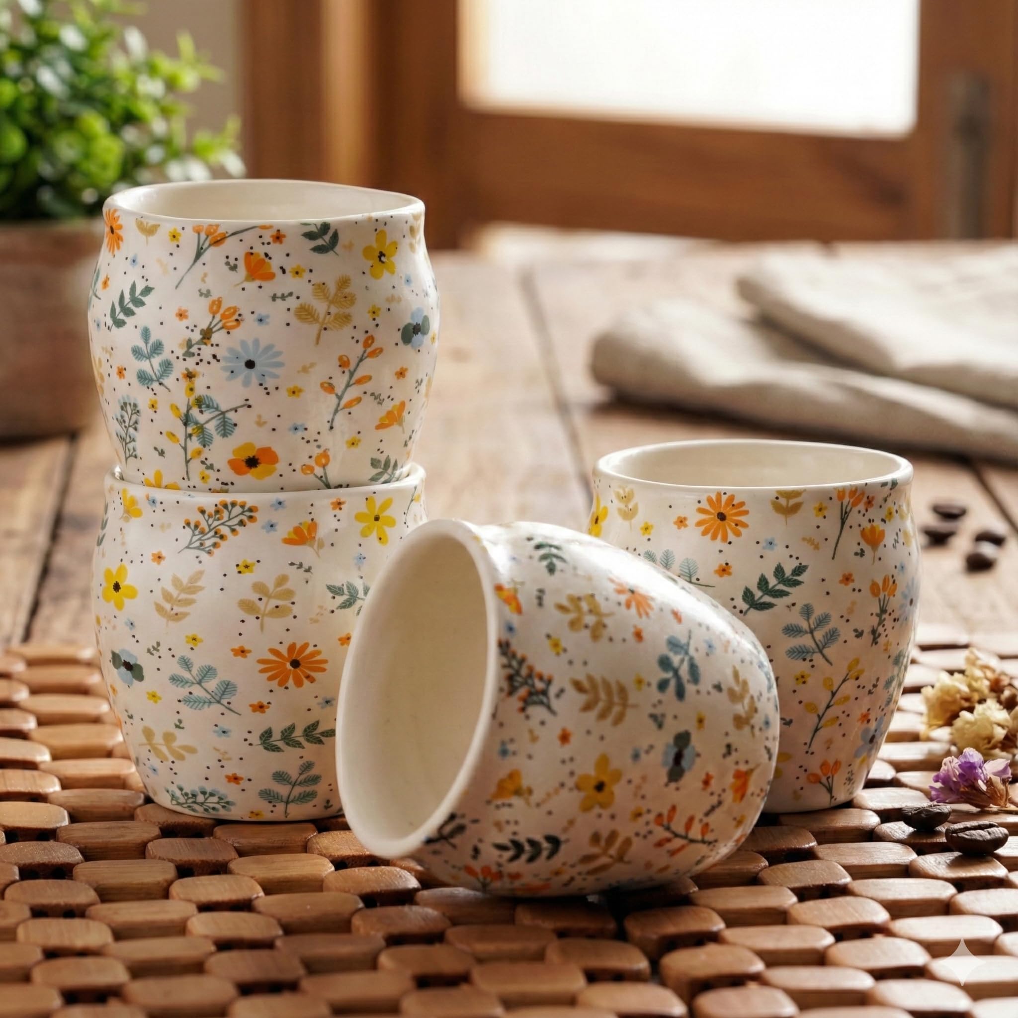 Freakway Hand-Painted Ceramic Sun-Floral Art kulhad Set of 4 Cups |kul