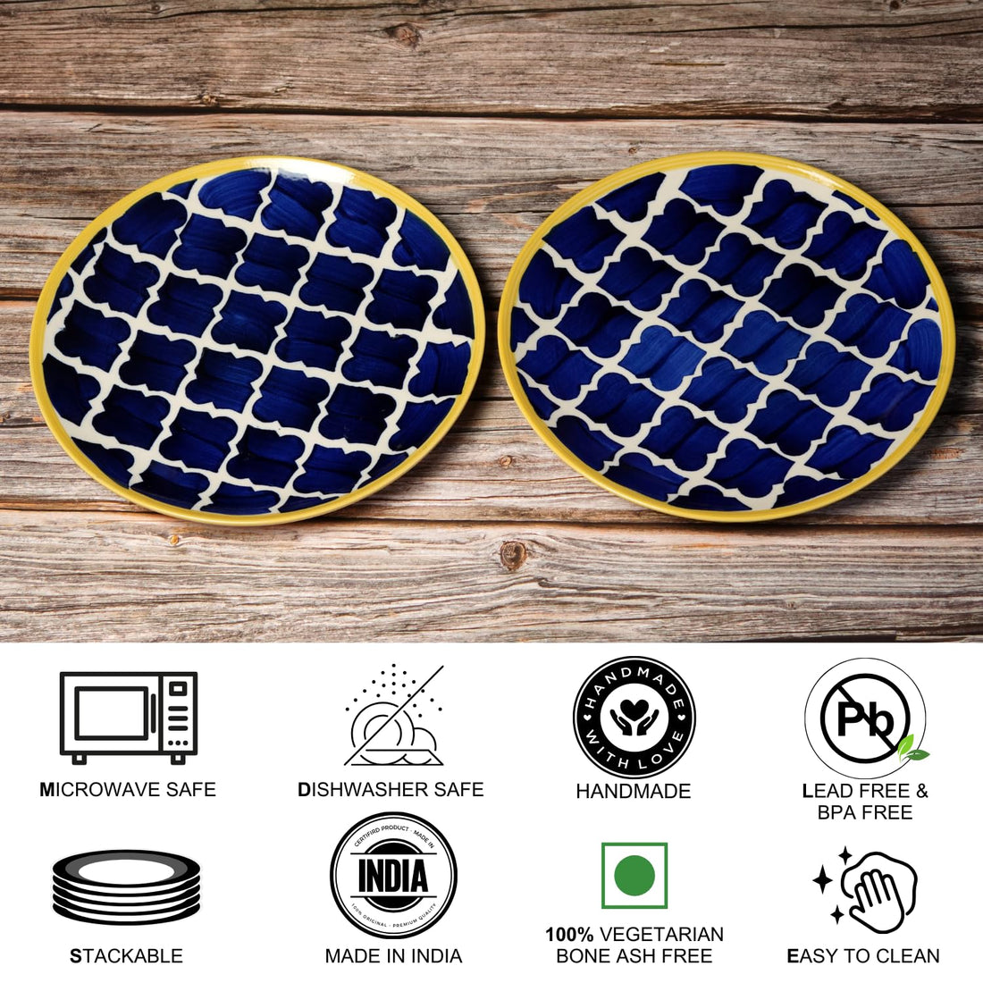 Freakway Hand-Painted Stoneware Moroccan Premium Ceramic 10-inch Dinner Plate Set of 2 Pcs | Bone Ash Free | Microwave and Dishwasher Safe - Blue