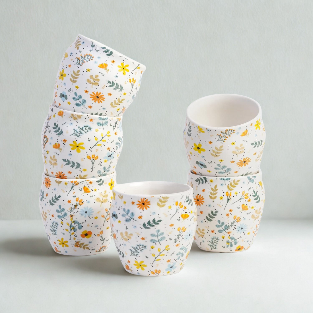 Freakway Hand-Painted Ceramic Sun-Floral Art kulhad Set of 6 Cups |kullad Tea Set | kulhad chai Cups | Hand Painted kulhad Coffee Mug, Multicolor((Microwave & Dishwasher Safe)