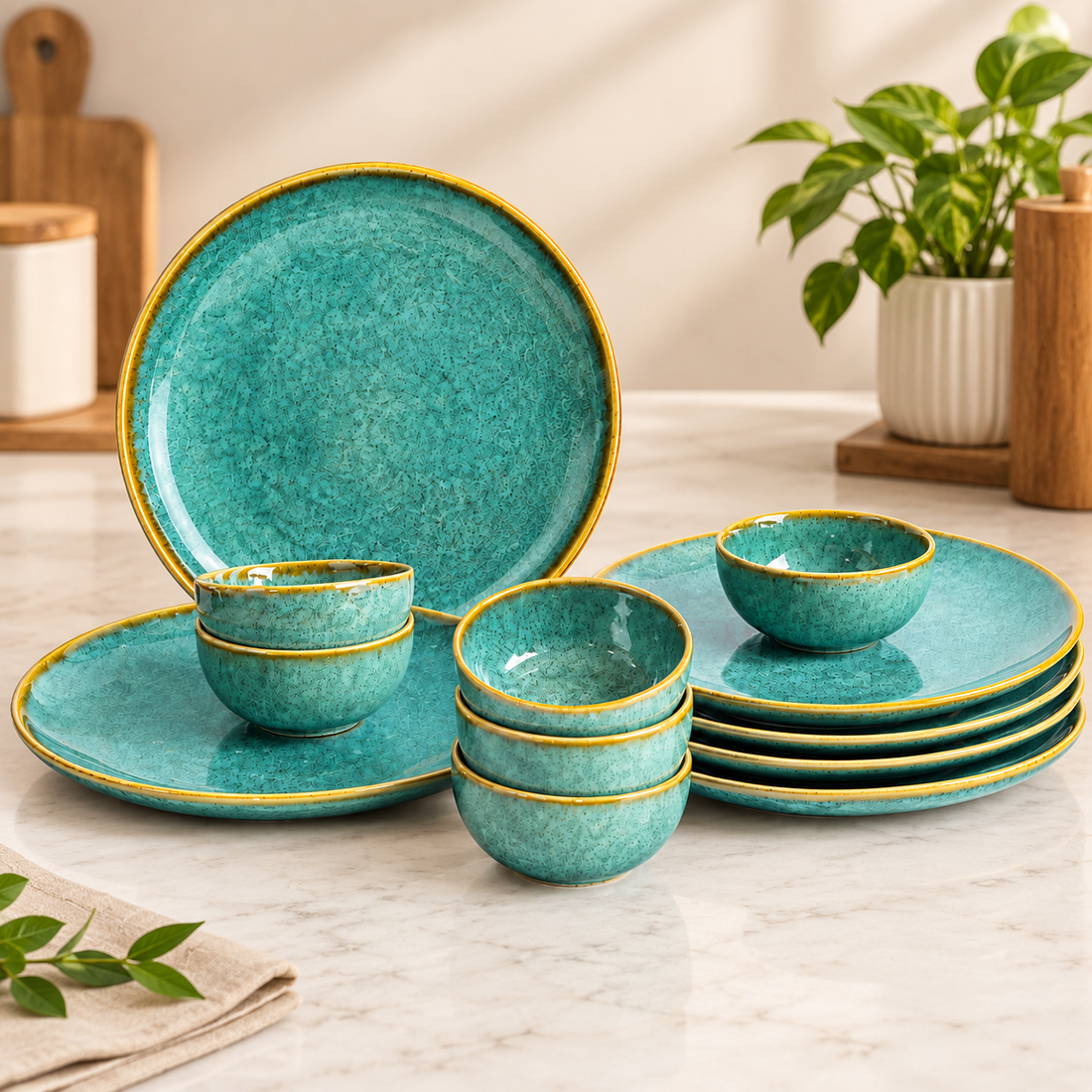 Freakway Teal Green Luxe Reactive Glaze Dinnerware Set of (12 Pieces) 6 Plate & 6 Bowls