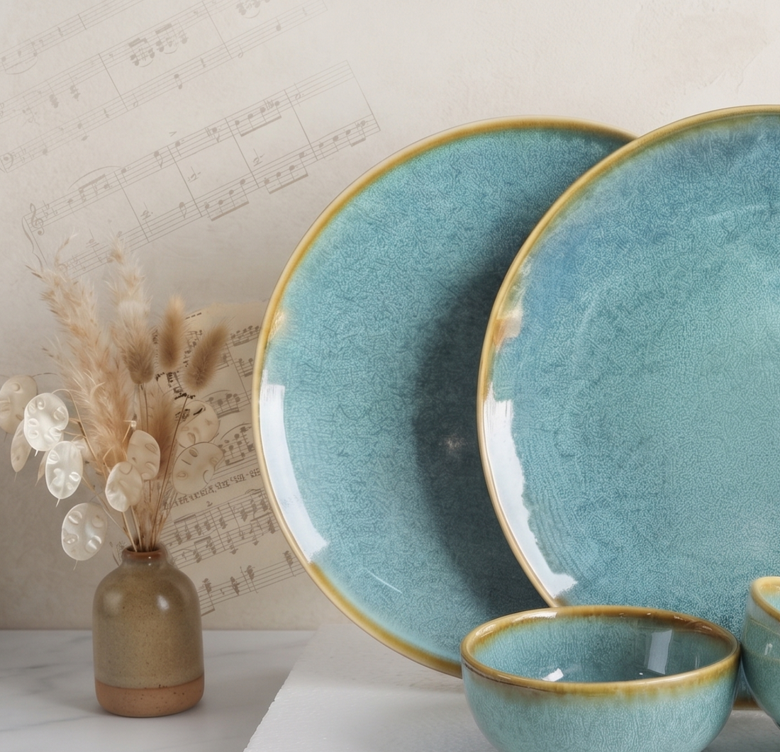 Freakway Handcrafted Stoneware Ceramic Dinner Set of 2 Plate & 2 Bowls, Teal Reactive Glaze, Microwave & Dishwasher Safe, Set of 4