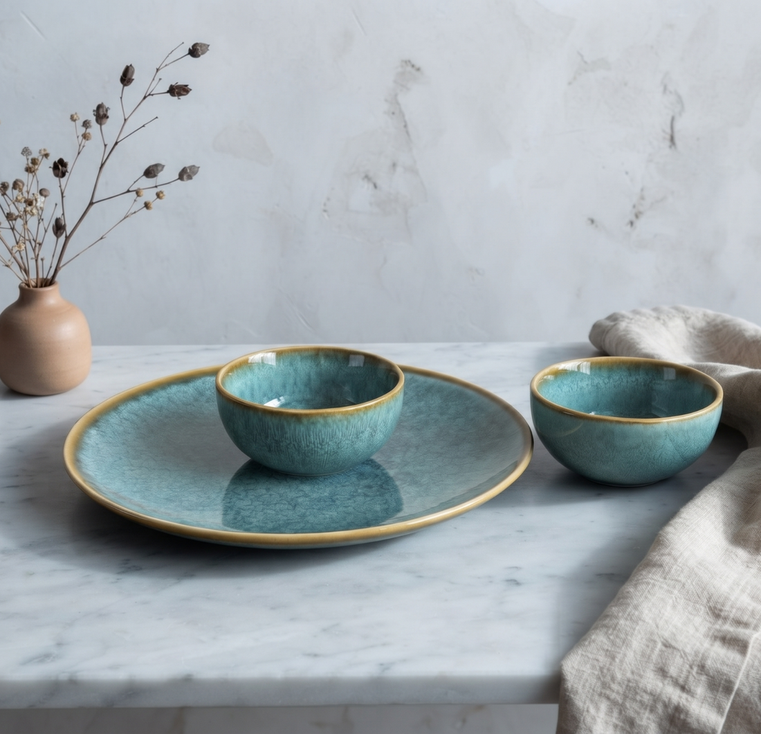 Freakway Handcrafted Stoneware Ceramic Dinner Set of 1 Plate & 2 Bowls, Teal Reactive Glaze, Microwave & Dishwasher Safe, Set of 3